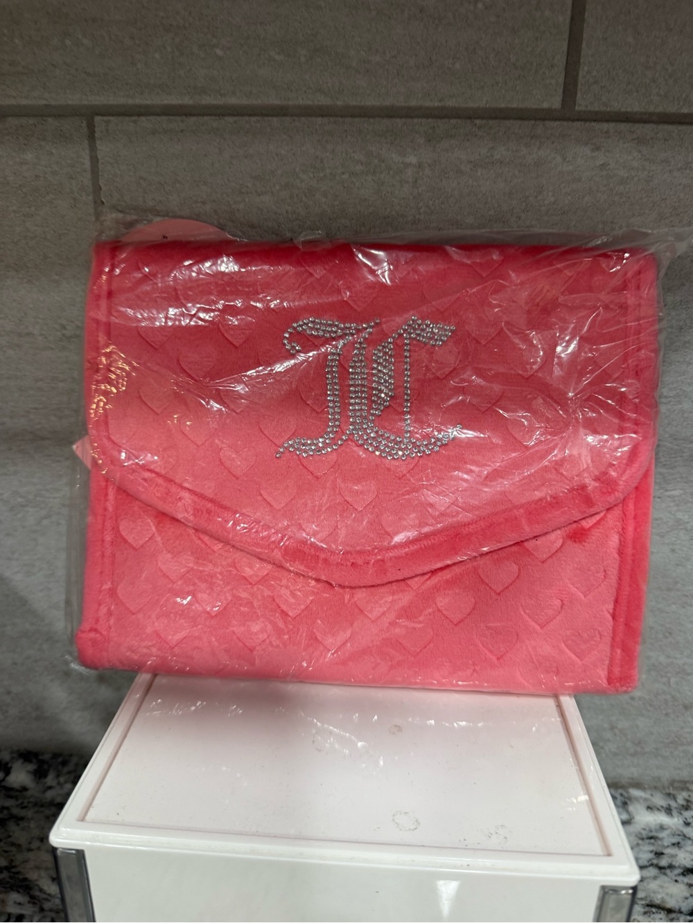 Juicy Couture Pink Heart-Texture Cosmetic Pouch with Rhinestone JC Logo